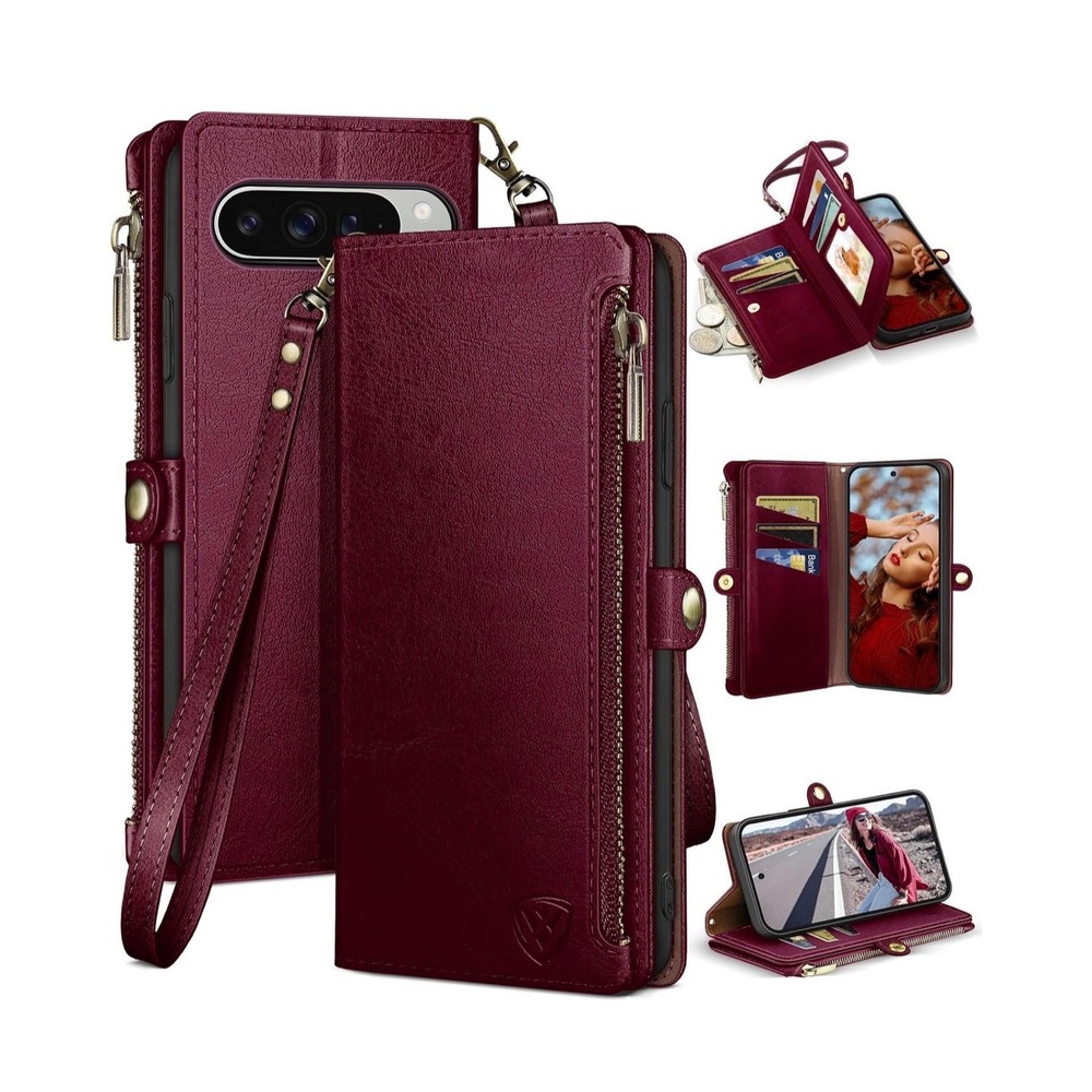 XcaseBar Google Pixel 10 Pro XL Wallet‎ Case Zipper Card Holder RFID Wine Red